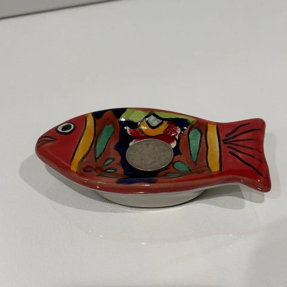 Colorful Terra Cotta Mexico made pottery Fish Trinket dish